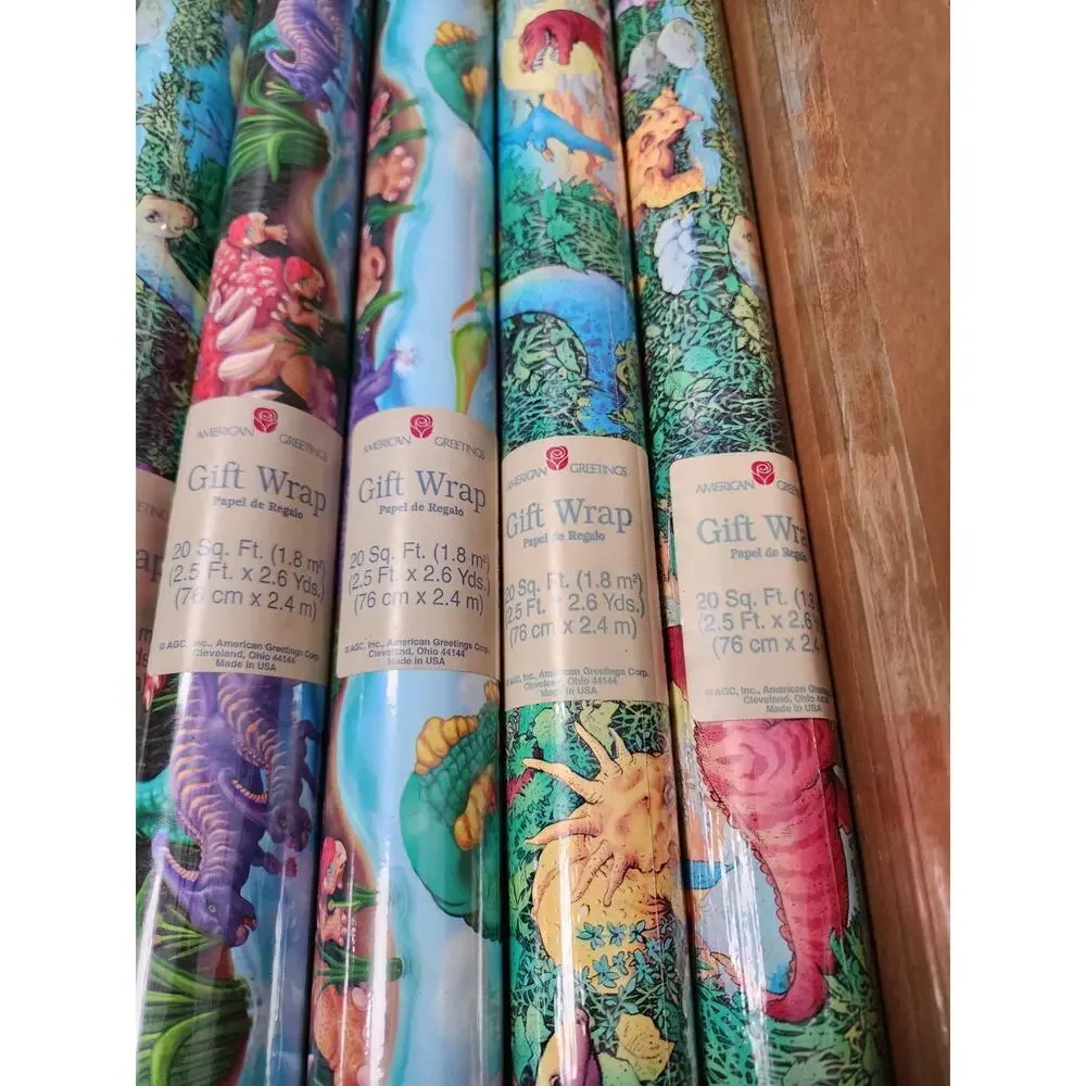 Vtg Lot 9 Dinosaur Roll Wrapping Paper American Greetings 20 Sq Ft Each